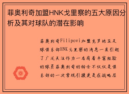 菲奥利奇加盟HNK戈里察的五大原因分析及其对球队的潜在影响