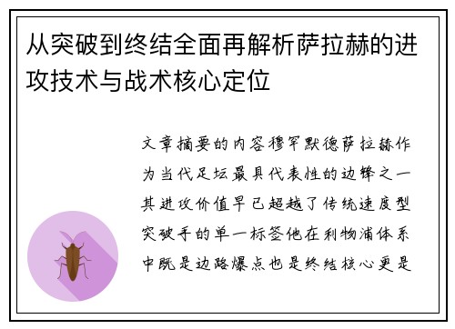 从突破到终结全面再解析萨拉赫的进攻技术与战术核心定位 从突破到终结全面再解析萨拉赫的进攻技术与战术核心定位